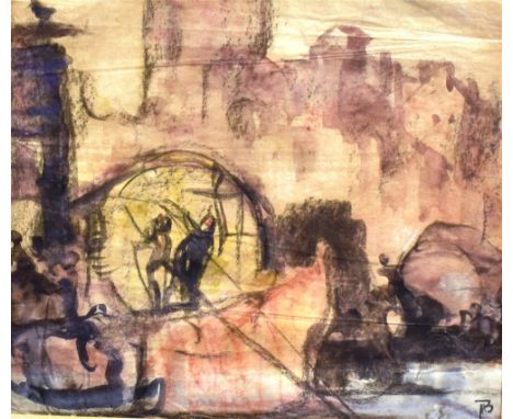 SIR FRANK BRANGWYN, RA, RWS, RBA (British, 1867 - 1956) Sketch with figures and boats before buildings, possibly Venice Water