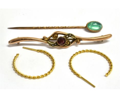 TWO ITEMS OF 9CT GOLD JEWELLERY  comprising a garnet set bar brooch and a pair of half hoop earrings, 2.8grams, together with