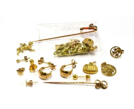 AN ASSORTED LOT OF SMALL 9CT GOLD JEWELLERY  Comprising two stick pins; three charms; four pairs of small earrings; and an od