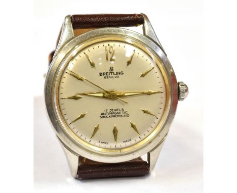A GENT'S VINTAGE BREITLING STEEL WRISTWATCH  the round domed steel dial to steel head 36mm, dial marked '17 JEWELS ANTI MAGNE