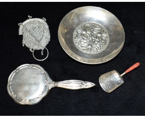 A GEORGIAN SILVER MINATURE SCOOP The shovel form scoop with carved coral handle pin prick floral decoration, hallmark for Bir