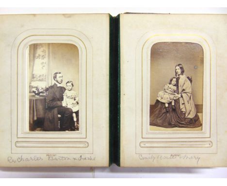 PHOTOGRAPHS - ASSORTED  Approximately forty-five carte-de-visite style portrait photographs, in a green leather album with gi