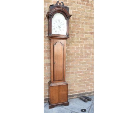 AN 8-DAY LONGCASE CLOCK  the enamel dial with subsidiary seconds dial, in an oak case with mahogany crossbanding, 43cm wide 2