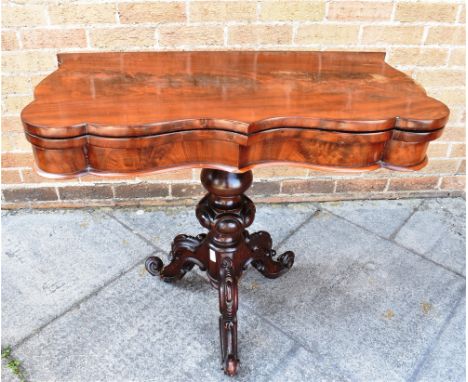 VICTORIAN MAHOGANY FOLDOVER CARD TABLE, raised on a central column to tripod base, 77cm x 88cm x 43cm (86cm when extended)