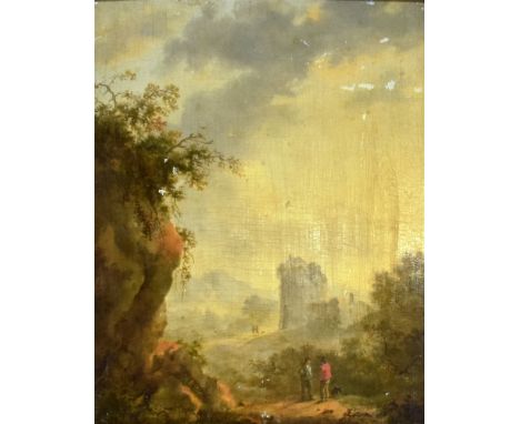 ATTRIBUTED ALEXANDER NASMYTH (SCOTTISH 1758-1840) Figures in conversation in a mountainous landscape Oil on board 12.5cm x 16