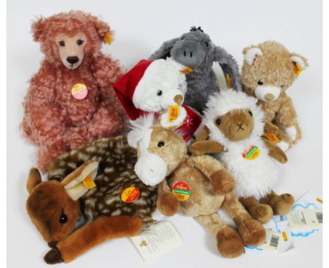 A collection of seven Steiff teddy bears to include a Classic series 'Snobby' with certificate, Animal life 'Lorli' roe deer 