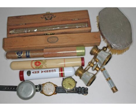 A mixed lot to include cigars, two vintage wristwatches, a WWI military compass, a silver backed brush, a pair of opera glass