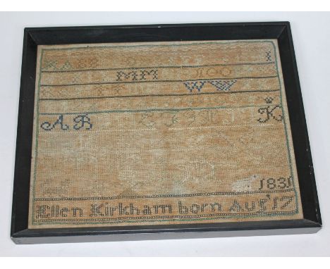 A William IV needlework sampler by Ellen Kirkham dated 1831, glazed and framed 28cm x 23cm.  