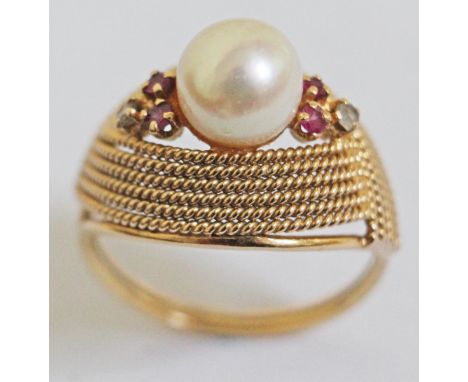 A diamond ruby and pearl ring, band indistinctly marked, gross weight 5.5g, size Q.  
