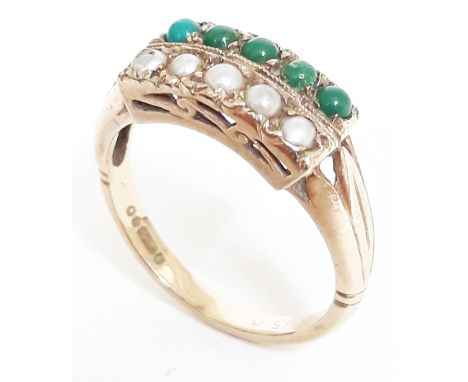 A hallmarked 9ct gold, seed pearl and turquoise ring, size O/P, gross weight 3.1g.  