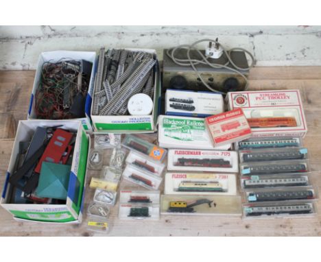 A box of mainly Fleischmann N gauge Piccolo model railway including 7175 &amp; 7381 engines, various rolling stock, track and