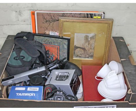 A box of misc including three air pistols, a Canon EOS 450D and various lenses (as found), a Cartier box, a few LPs, an easte