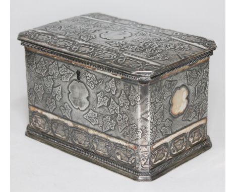 A Sheffield plate tea caddy of rectangular form with vine decoration all over, markers initials to base 'SF', length 15.5cm. 