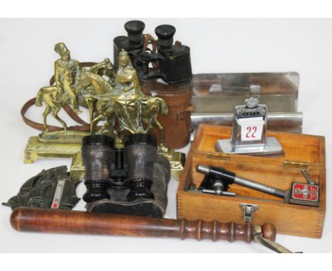 A mixed lot to include a pair of King George V and Queen Mary brass door stops, a Terence Conran desk tidy, two pairs of bino