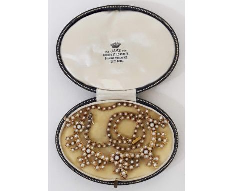 A Victorian gold and pearl necklace, length 41cm, gross weight 28.4g, with associated box.Condition: No signs of damage or re