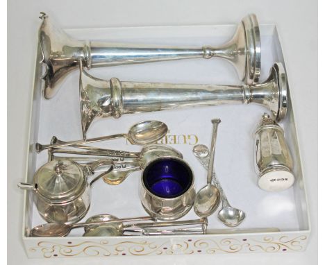 A mixed lot of silver to include two hallmarked silver vases, a 3 piece hallmarked silver cruet set, a set of 6 hallmarked si