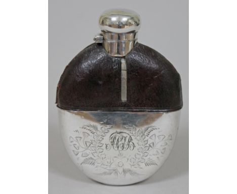 A silver plated and leather bound hip flask of oval form,, length 14cm.  