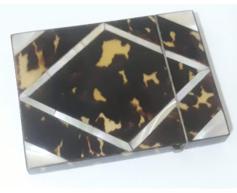 A 19th century tortoiseshell and mother of pearl card case, 7.5cm x 10.3cm.  