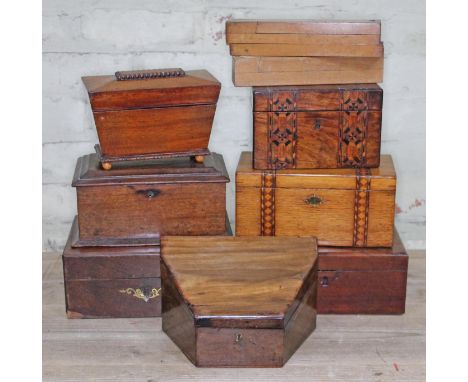 19th century and later treen comprising a mahogany tea caddy of sarcophagus form with box wood ball feet, two parquetry inlai