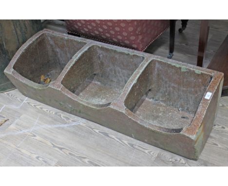 A large stoneware salt glazed feeding trough, height 33cm, width 111cm, depth 40cm.  
