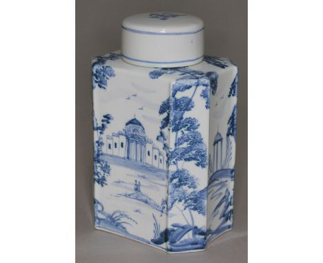 An Isis blue and white pottery tea caddy, height 16cm. Condition - good, no damage/repair. In House P&P UK £25 + VAT