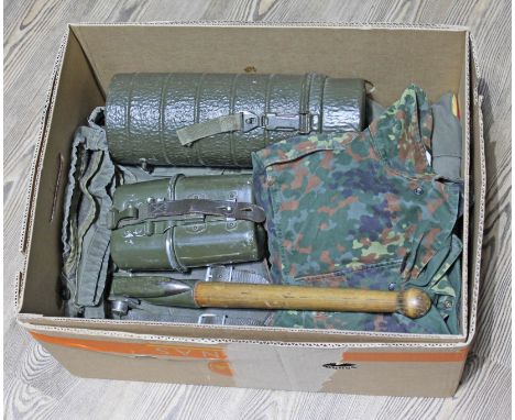 West German military parka, two shirts, trench tool, canteen and water bottle, gas mask in case.  