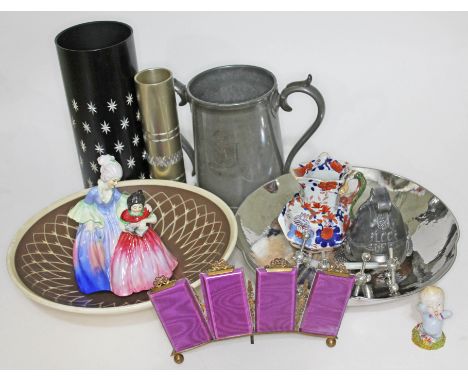 A mixed lot comprising a Pilkington's Royal Lancastrian bowl, a Tuscan china figure, a Wade "Nod" figure, a fireman's helmet 