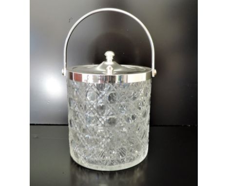 Vintage Cut Glass and Silver Plate Ice Bucket.  Circa 1940's swing handled cut glass ice bucket with silver plated rim, handl