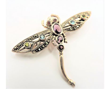 Vintage Sterling Silver Multi Gemstone Dragonfly Brooch circa 1960's. A fine quality circa 1960's sterling silver dragonfly b