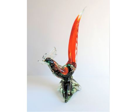 Vintage Murano Seguso Bullicante Pheasant Sculpture.  A wonderful tall hand made orange and green Murano Bullicante  pheasant