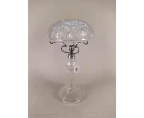 An early 20th Century cut crystal mushroom lamp with chrome fittings, 19" tall