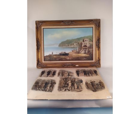 A 19th Century style framed oil of a Mediterranean coastal town scene with fishermen and boats in the foreground, signed K Ha