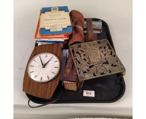 A Norwich Railway Mission collecting box, a brass trivet, vintage vets horse hoof tools, ordnance maps etc