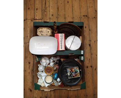 A mixed lot including metal wares including scales and vintage camping items plus a tray of ceramics with glass and ceramic a