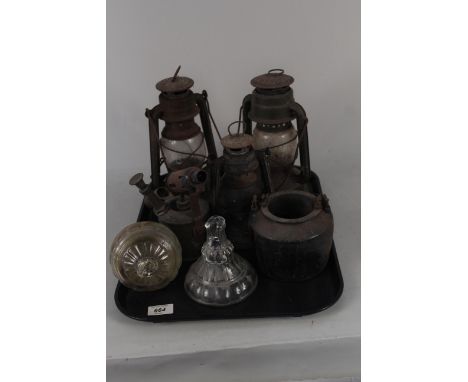 Three vintage tilly lamps plus a blow torch, glue pot and an oil lamp
