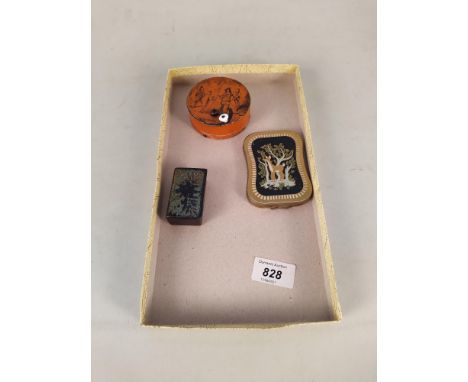 An early 20th Century tin plate musical box, a Helena Rubenstein compact plus an antique hand painted snuff box