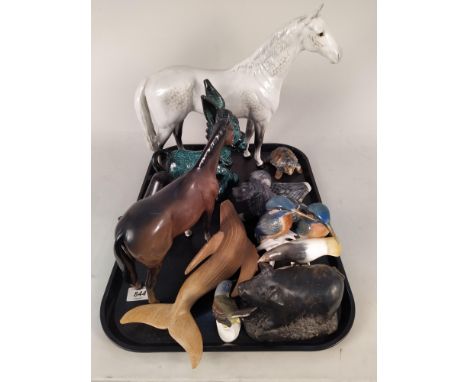 A collection of animal ornaments including Beswick horses, Ens Kingfishers, Goebel wagtail etc (some as found)