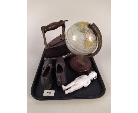 A 19th Century box iron on trivet, a pair of vintage hand made childs size clogs marked J Heys Oldham with iron fittings to s