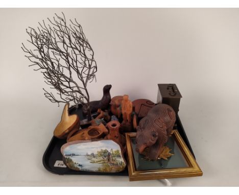A mixed lot of wooden items, carriage clock and Norfolk scene