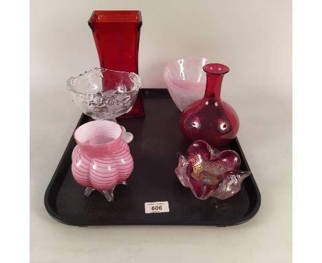 A mixed lot of mainly coloured glassware including a ruby vase, cranberry decanter etc