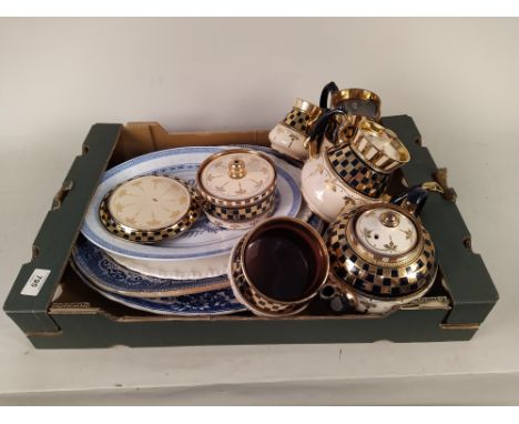 Two blue and white meat plates etc plus a part gilt tea set (no cups and saucers)