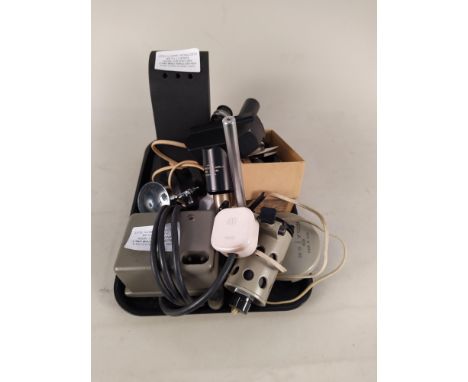 A small boxed students microscope No.1 plus various optical and lab equipment including a USSR adjustable lamp