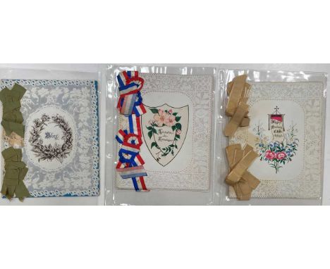 Three Victorian elaborate manuscript gift booklets dated 1887-1888 the 3 ribbon mounted card fronts with embossed foliate bor
