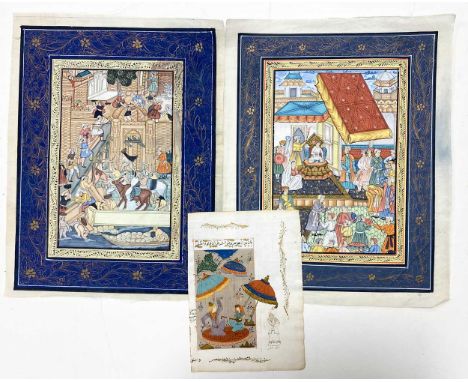 Indian school a pair of paintings on silk of Mughal scenes, 33 x 28cm, and an illuminated manuscript leaf on paper, 20 x 14cm