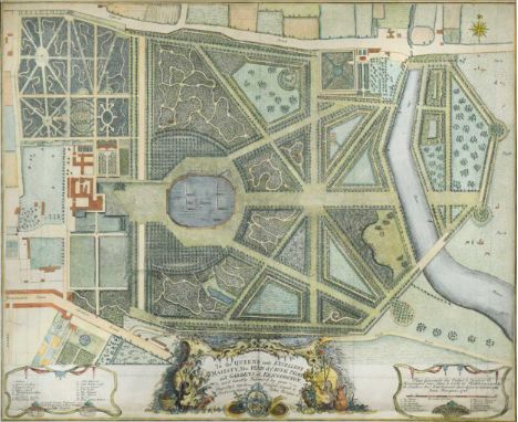 Jean Rocque (1709-1762) Plan of ye Royal Palace and Gardens of Kensingtonhand coloured engraving 1736, some good manuscript r