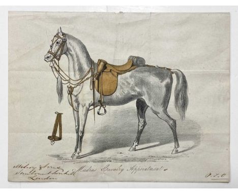 Milroy & Sons, Sun Court, Cornhill, London a 19th century leaflet, ‘Madras Cavalry Appointment’, depicting a grey horse with 