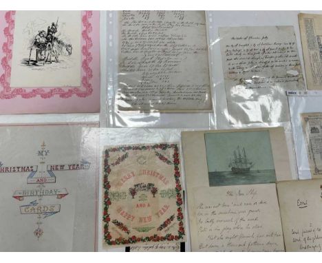 Album leaves and ephemera, mainly 19th century an ink drawing of Don Quixote and Sancho Panza, recipes and receipts, verses a