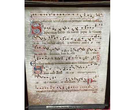 A Medieval Antiphonal leaf having eight lines of manuscript music and four-line staves to both sides, (framed) 36 x 28cm