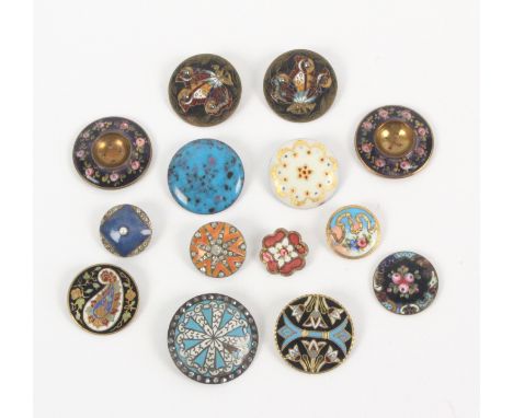 Buttons - fourteen 19th Century and later enamel buttons comprising a pair in floral enamel with dished holed centres, 3.2cm,