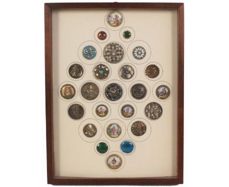 Buttons - a fine framed display of twenty four, including an 18th Century enamel example of cupid, three smaller enamel examp